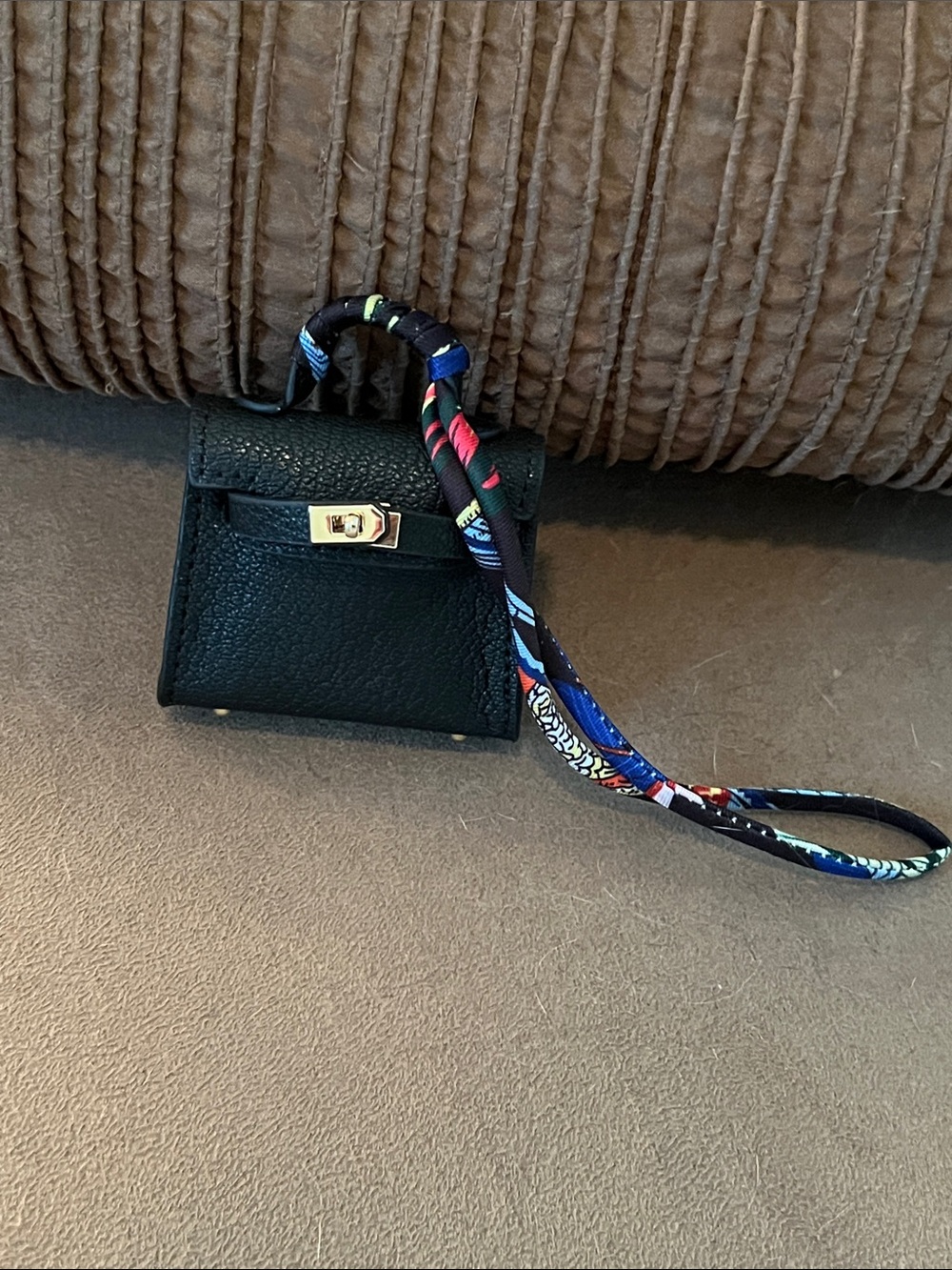Black Mini Top-Handle Bag Charm with Colorful Scarf Wrap